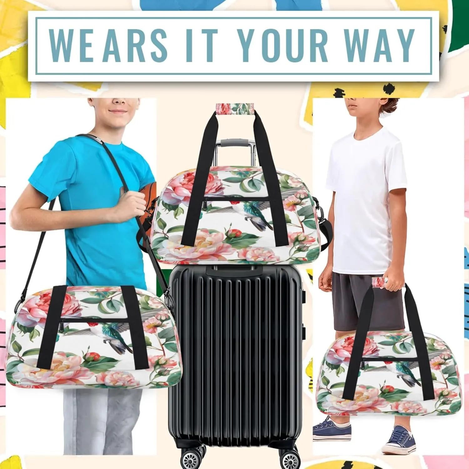 Hummingbird Floral Small Gym Bag 18 inch Carry On Duffel Bag for Weekender Travel Sports Workout Yoga Gymnastics Dance Ballet