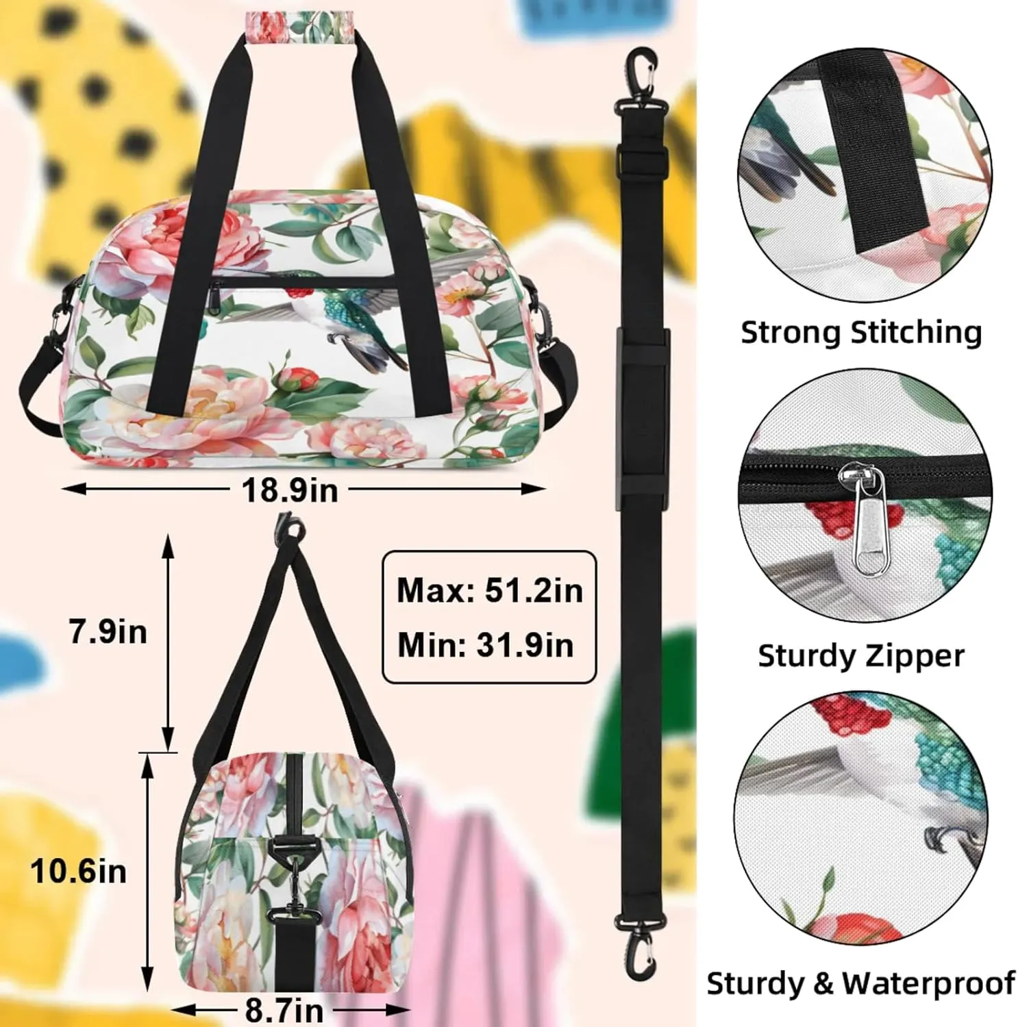 Hummingbird Floral Small Gym Bag 18 inch Carry On Duffel Bag for Weekender Travel Sports Workout Yoga Gymnastics Dance Ballet