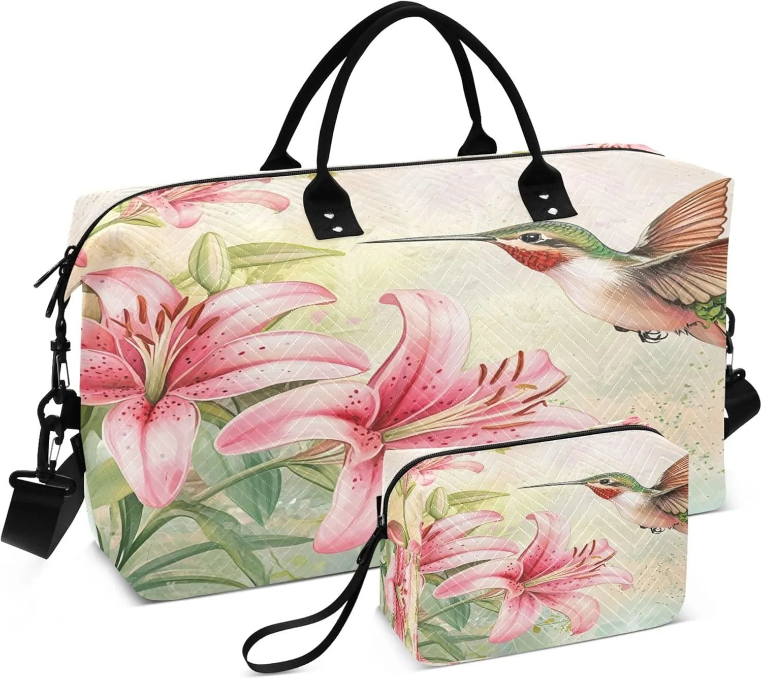 Hummingbird Pink Lilies Travel Duffel Bags Carry on Weekender Overnight Bag Large for Airplane with Toiletry Bag for Men Women