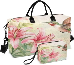 Hummingbird Pink Lilies Travel Duffel Bags Carry on Weekender Overnight Bag Large for Airplane with Toiletry Bag for Men Women