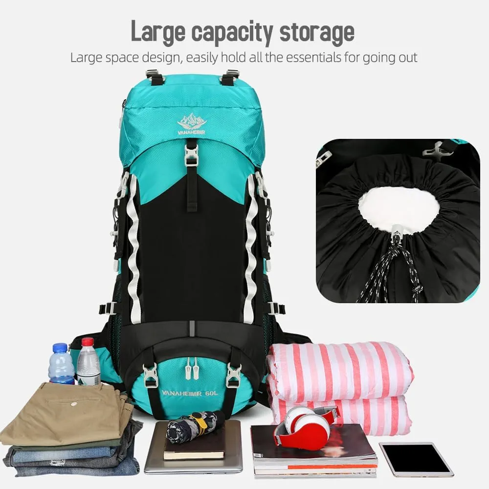 HXBER 60L Waterproof Hiking Backpack Camping Travel Daypack with Rain Cover for Camping Hiking Travel