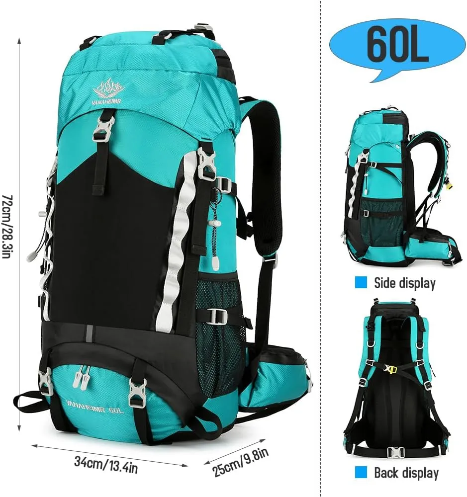 HXBER 60L Waterproof Hiking Backpack Camping Travel Daypack with Rain Cover for Camping Hiking Travel