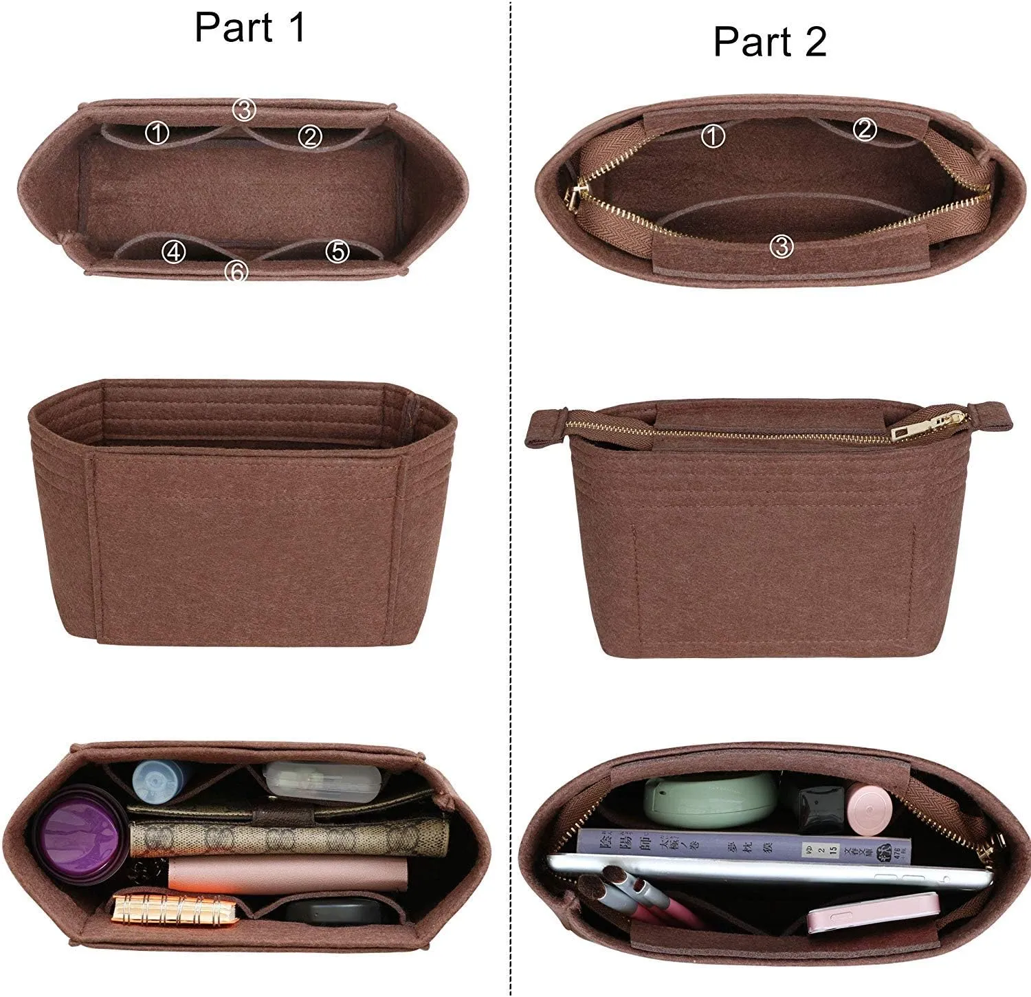 HyFanStr Felt Insert Bag Organizer with Zipper, Small Handbag Purse Organizer Tote Liner Pouch for Women, 2 Piece Set …