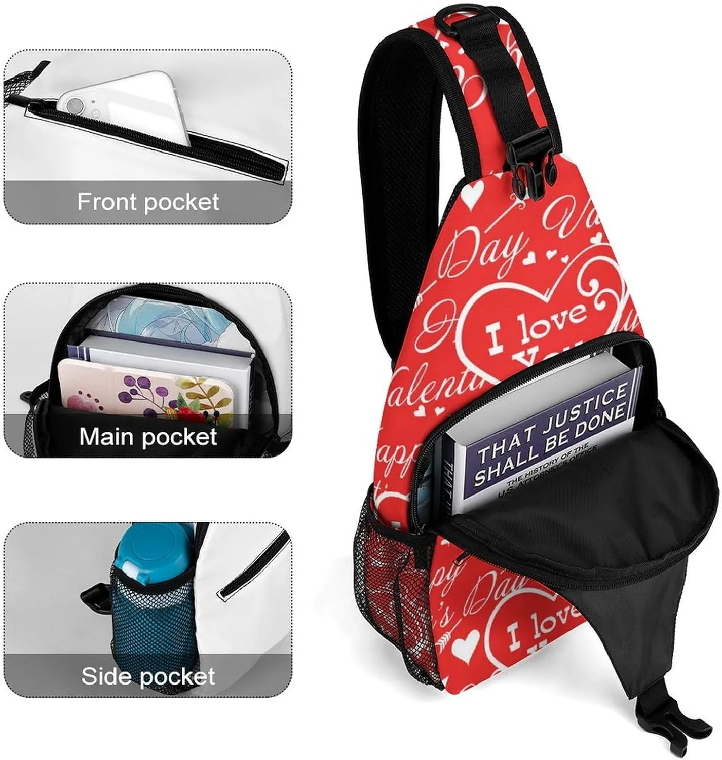 I-love-you-wordings Sling Bag Crossbody Backpack for Men Women Chest Bag For Travel Hiking Cycling Camping, 38x20cm, Style-1
