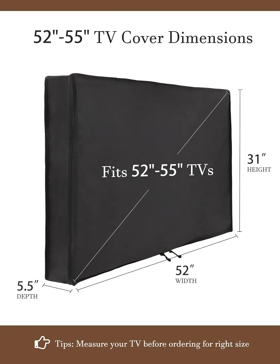 iBirdie Outdoor TV Cover 52 to 55 inch Waterproof, Cover Size 52''W x 31''H, Weatherproof, with Zipper for Outside Flat Screen 52 to 55 inch TV, Black, 600D Thick Fabric Protector