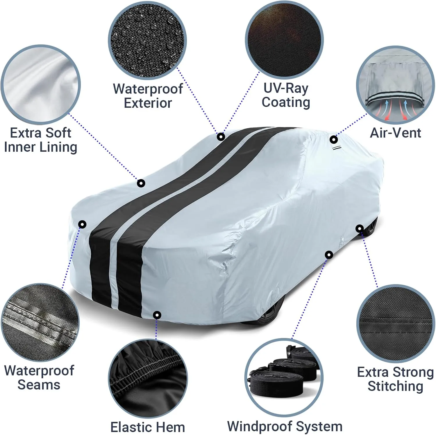 iCarCover Custom Car Cover for DeTomaso Pantera (1985-1991) Waterproof All Weather Rain Snow UV Sun Protector Full Exterior Indoor Outdoor Car Cover (Stripe - Gray/Black)