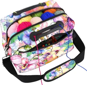 icolor Crochet Bag Organizer | Yarn Storage Tote Holder | Knitting Bag for Knitting Crocheting with Shoulder Strap & Zipper Pockets for Crochet Hooks Needles Accessories for Women (Color-Flower)