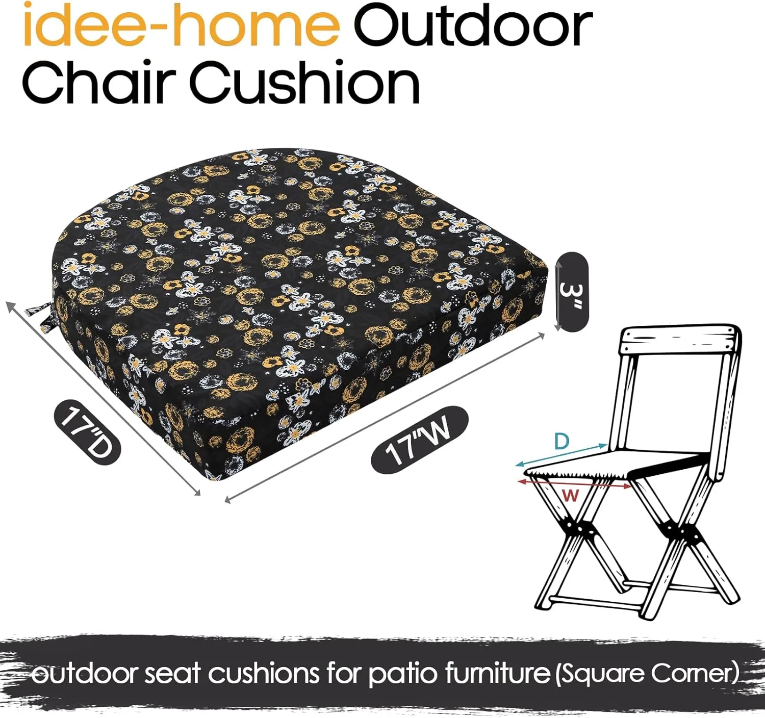 idee-home Outdoor Chair Cushions Set of 4, Thick 17" x 17" x 3" Outdoor Seat Cushions Patio Furniture Waterproof with Ties, Dining Pads