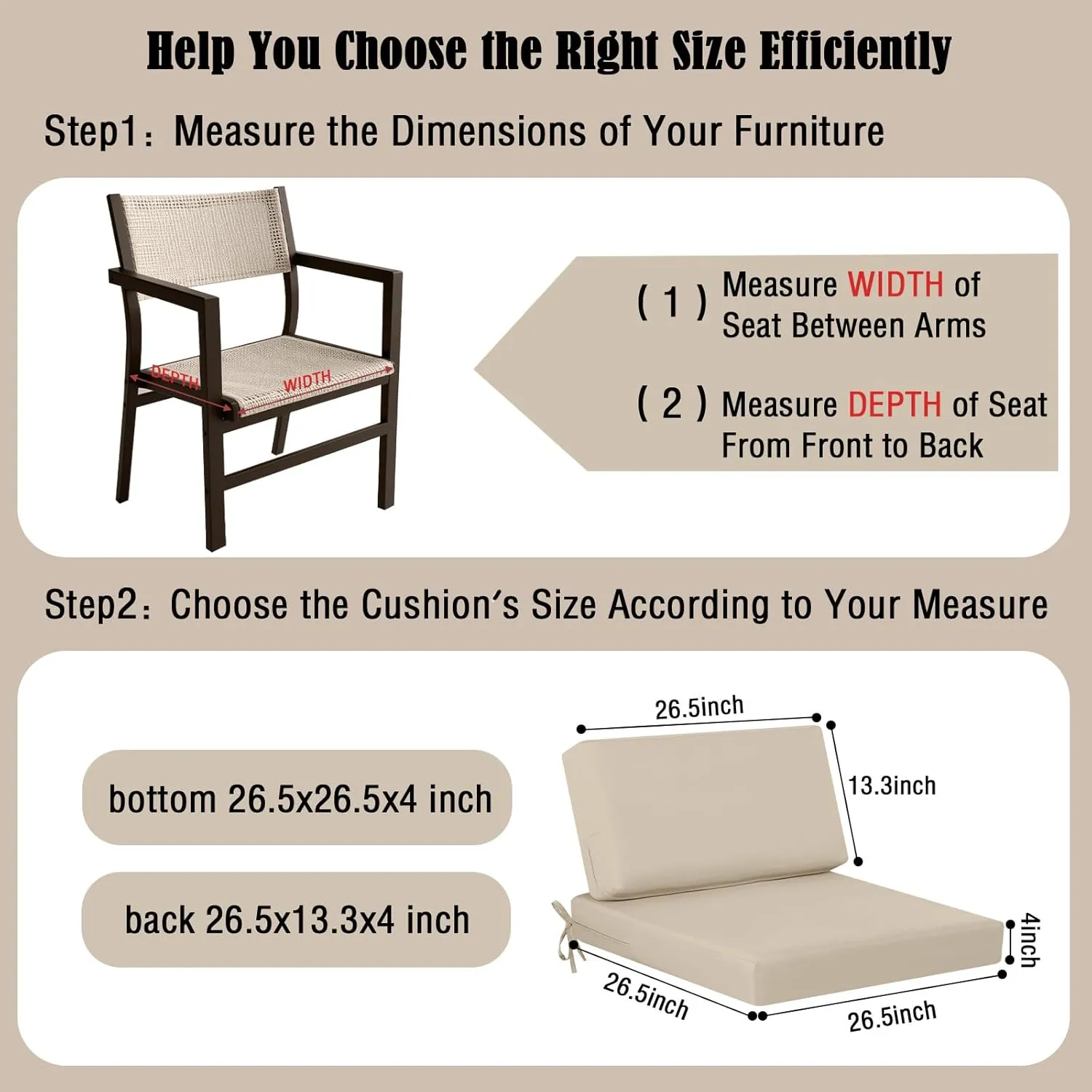 idee-home Outdoor Cushions for Patio Furniture, Outdoor Seat Cushion, Waterproof Couch Hampton Bay Deep Seat Replacement Chair Cushions for Garden Lawn Backyard Deck, 26.5 x 26.5 Beige