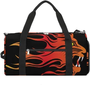 Infuriated Lions in Fire on Black Sports Tote Gym Bag for Women Men, Overnight Bag with Shoe Compartment Water Resistant
