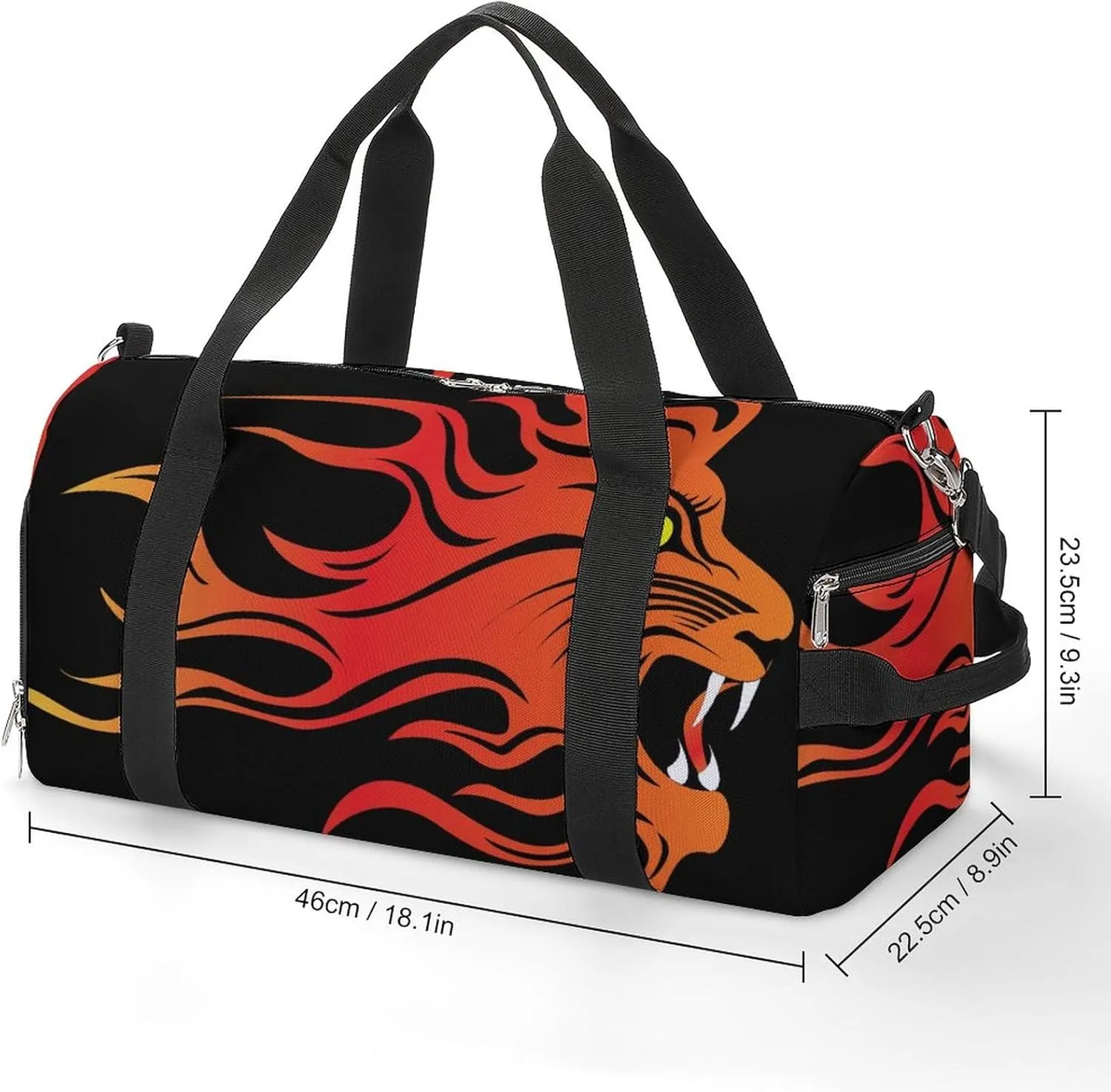 Infuriated Lions in Fire on Black Sports Tote Gym Bag for Women Men, Overnight Bag with Shoe Compartment Water Resistant