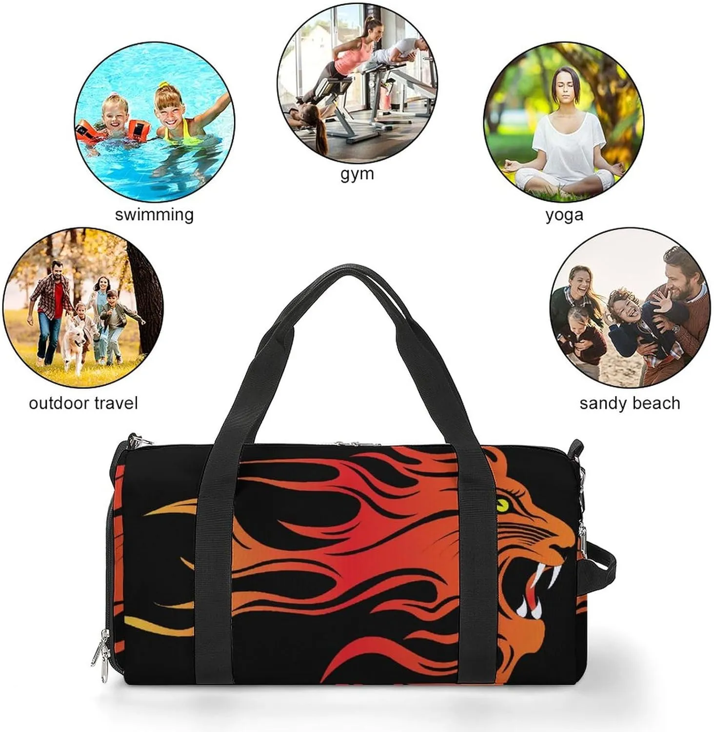 Infuriated Lions in Fire on Black Sports Tote Gym Bag for Women Men, Overnight Bag with Shoe Compartment Water Resistant