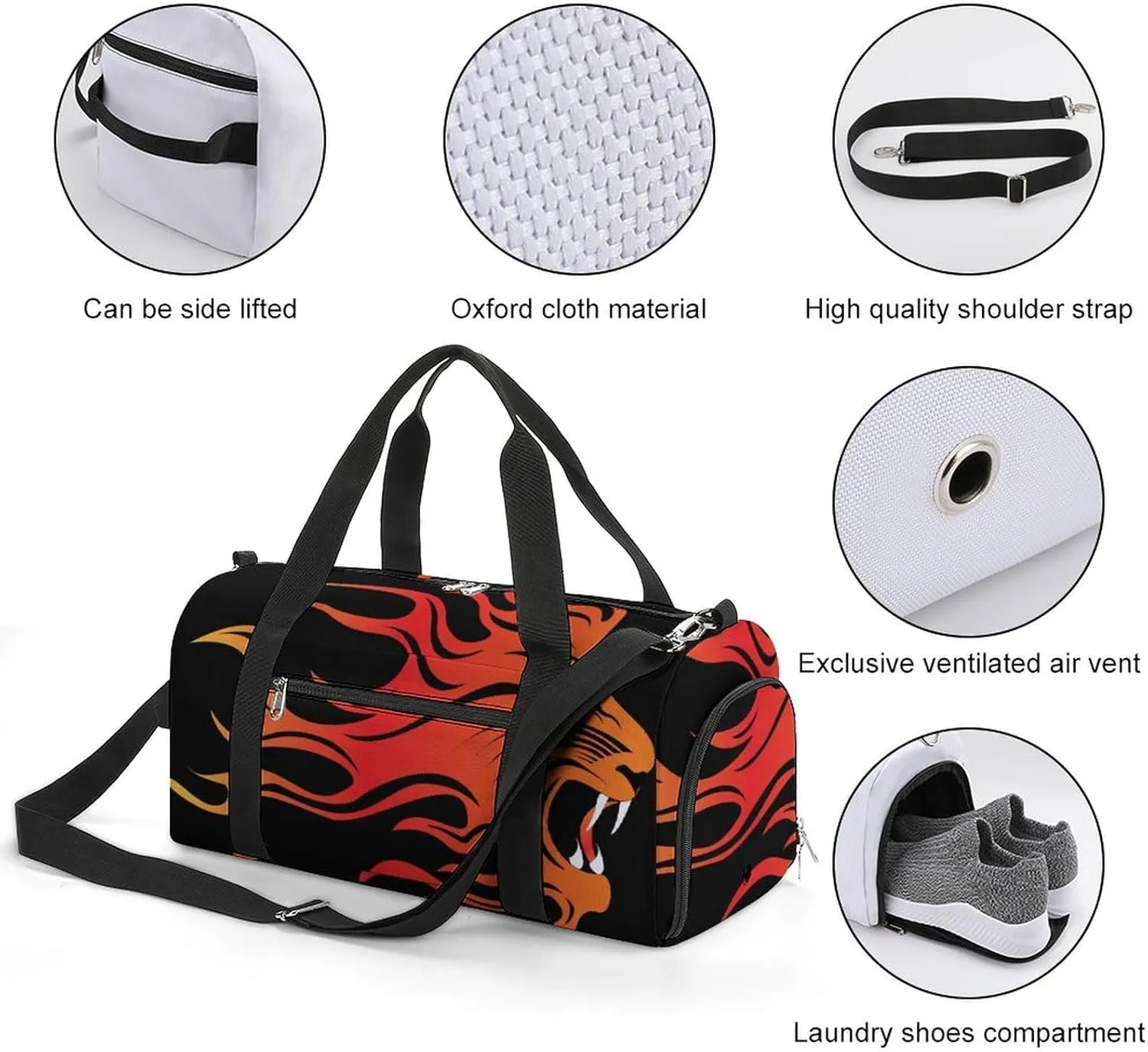 Infuriated Lions in Fire on Black Sports Tote Gym Bag for Women Men, Overnight Bag with Shoe Compartment Water Resistant