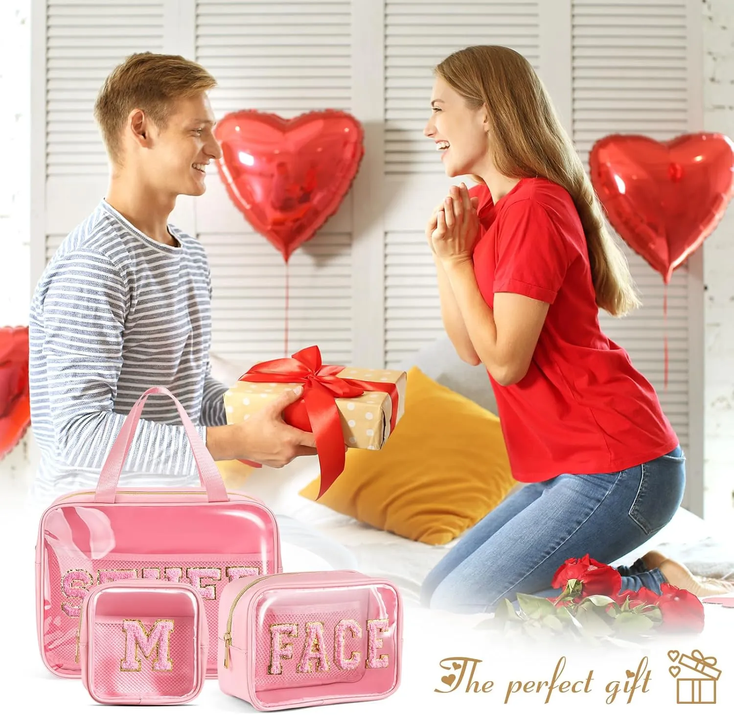 Initial Clear Makeup Bag, 3 Pack Travel Toiletry Bag, Letter Makeup Cosmetic Bags Set for Carry On Travel Accessories Essentials with Handle - Pink