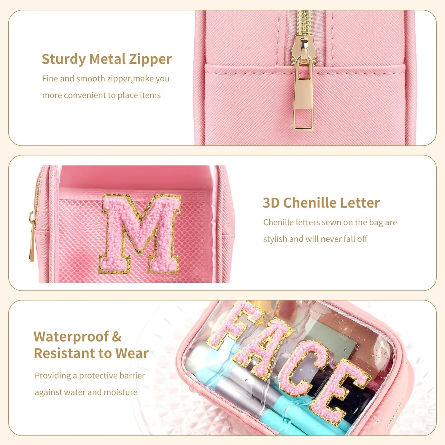 Initial Clear Makeup Bag, 3 Pack Travel Toiletry Bag, Letter Makeup Cosmetic Bags Set for Carry On Travel Accessories Essentials with Handle - Pink