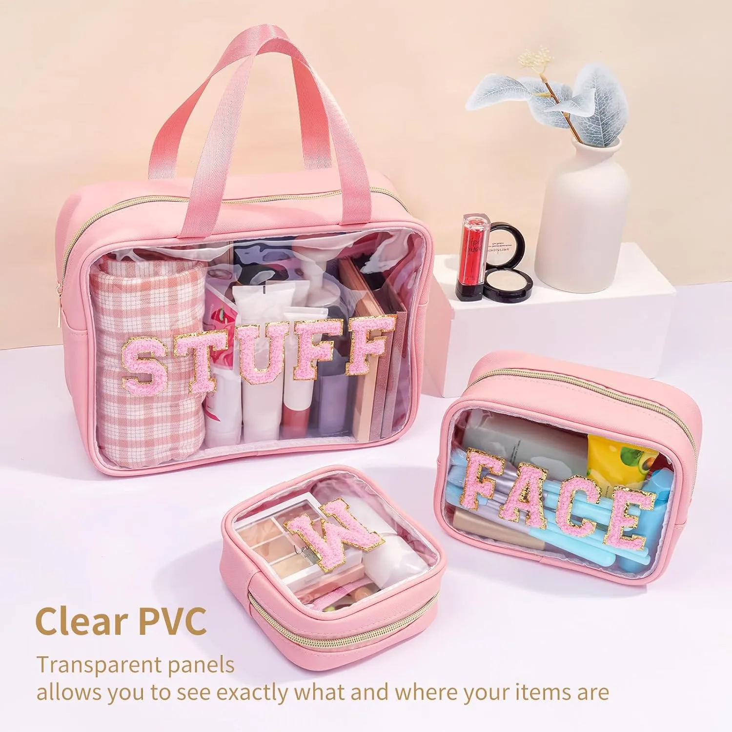 Initial Clear Makeup Bag, 3 Pack Travel Toiletry Bag, Letter Makeup Cosmetic Bags Set for Carry On Travel Accessories Essentials with Handle - Pink