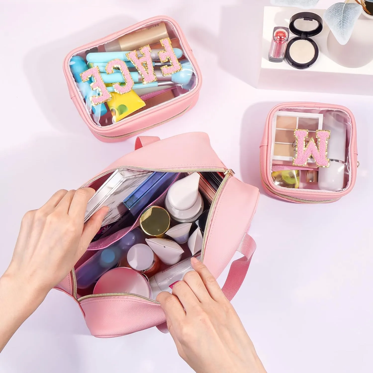 Initial Clear Makeup Bag, 3 Pack Travel Toiletry Bag, Letter Makeup Cosmetic Bags Set for Carry On Travel Accessories Essentials with Handle - Pink