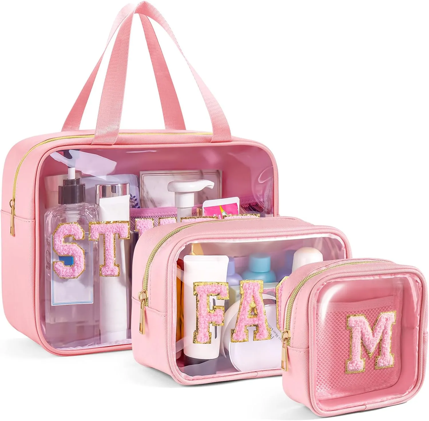 Initial Clear Makeup Bag, 3 Pack Travel Toiletry Bag, Letter Makeup Cosmetic Bags Set for Carry On Travel Accessories Essentials with Handle - Pink