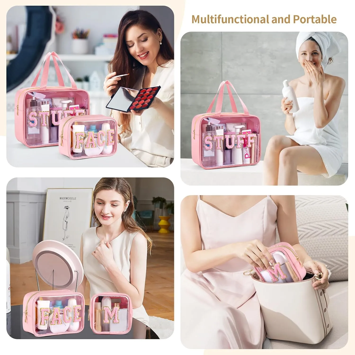 Initial Clear Makeup Bag, 3 Pack Travel Toiletry Bag, Letter Makeup Cosmetic Bags Set for Carry On Travel Accessories Essentials with Handle - Pink