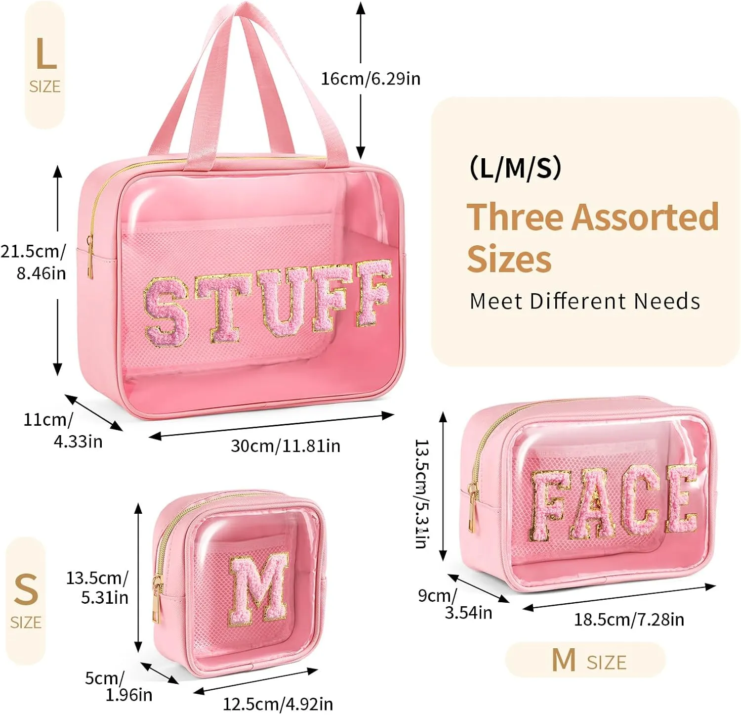 Initial Clear Makeup Bag, 3 Pack Travel Toiletry Bag, Letter Makeup Cosmetic Bags Set for Carry On Travel Accessories Essentials with Handle - Pink