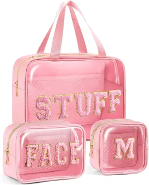 Initial Clear Makeup Bag, 3 Pack Travel Toiletry Bag, Letter Makeup Cosmetic Bags Set for Carry On Travel Accessories Essentials with Handle - Pink