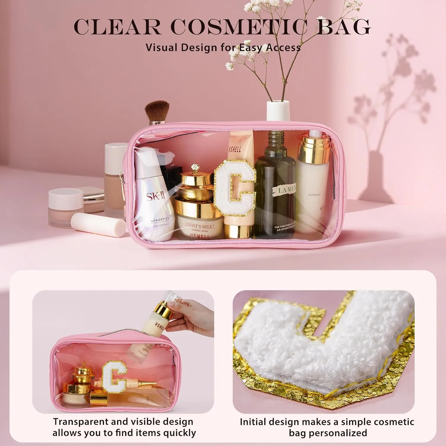 Initial Clear Makeup Bag - Travel Toiletry Bag for Women, Waterproof Makeup Pouch Cosmetic Bag Small Makeup Bag for Purse, Birthday Gifts for Women (Pink Letter E)