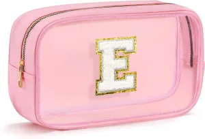 Initial Clear Makeup Bag - Travel Toiletry Bag for Women, Waterproof Makeup Pouch Cosmetic Bag Small Makeup Bag for Purse, Birthday Gifts for Women (Pink Letter E)