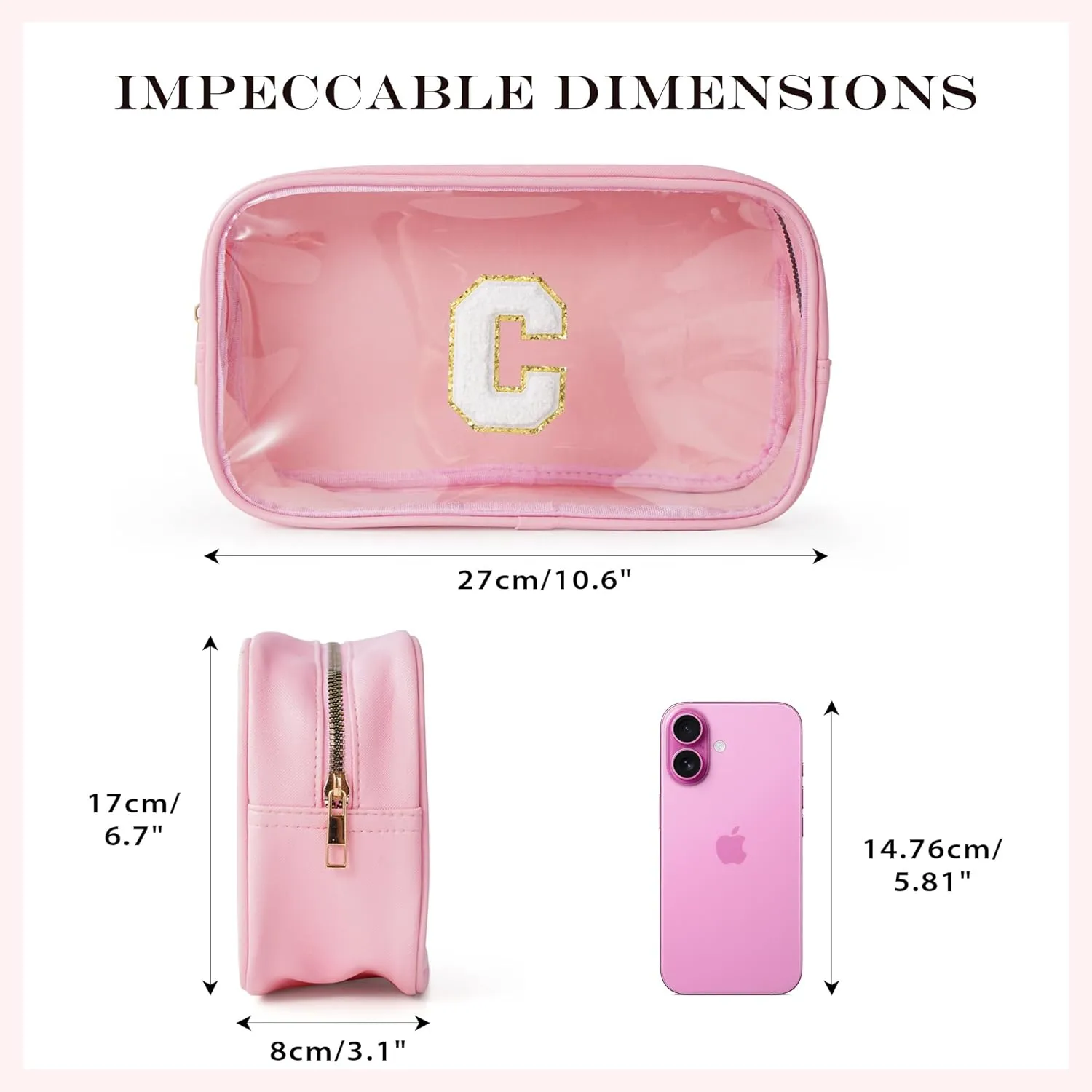 Initial Clear Makeup Bag - Travel Toiletry Bag for Women, Waterproof Makeup Pouch Cosmetic Bag Small Makeup Bag for Purse, Birthday Gifts for Women (Pink Letter E)