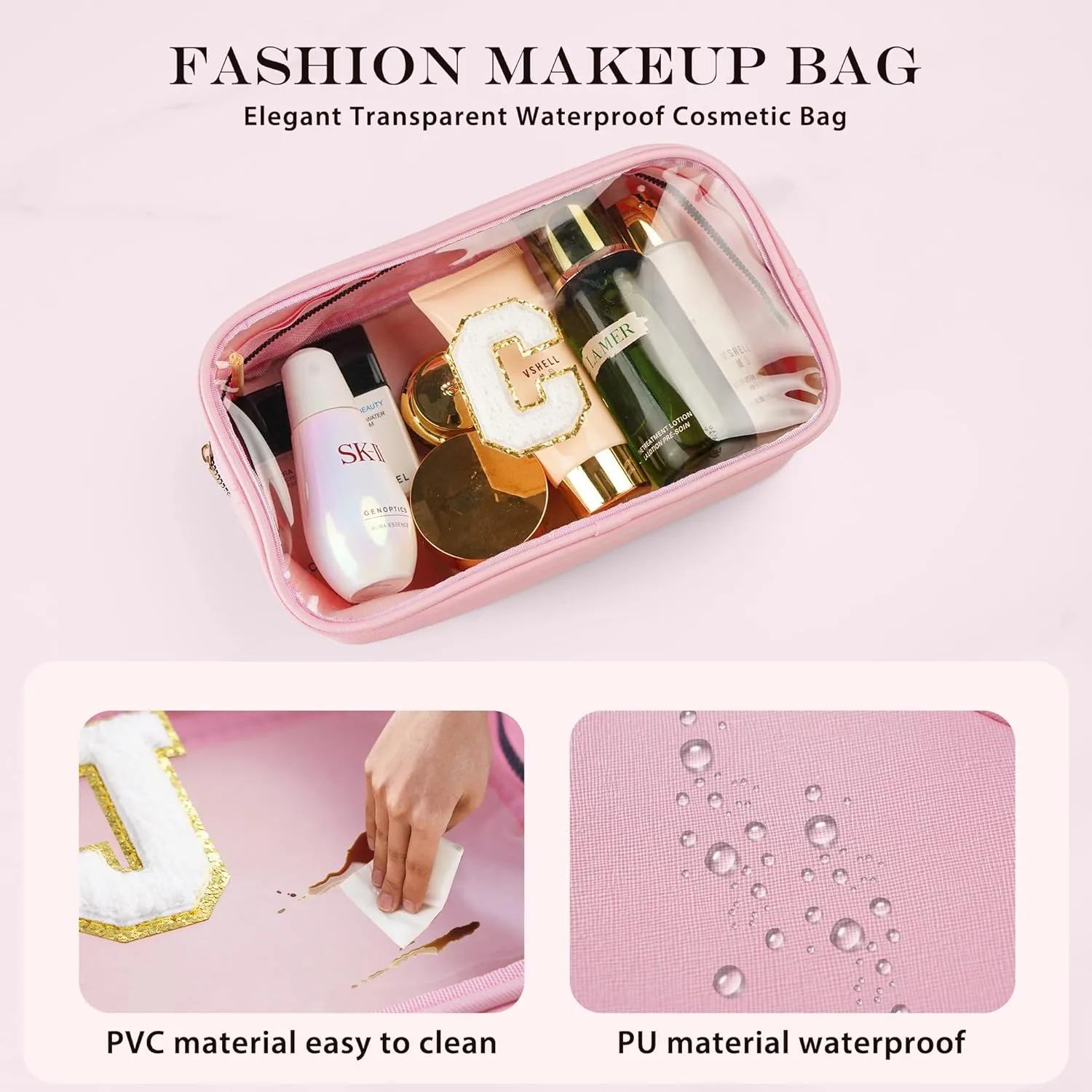 Initial Clear Makeup Bag - Travel Toiletry Bag for Women, Waterproof Makeup Pouch Cosmetic Bag Small Makeup Bag for Purse, Birthday Gifts for Women (Pink Letter E)