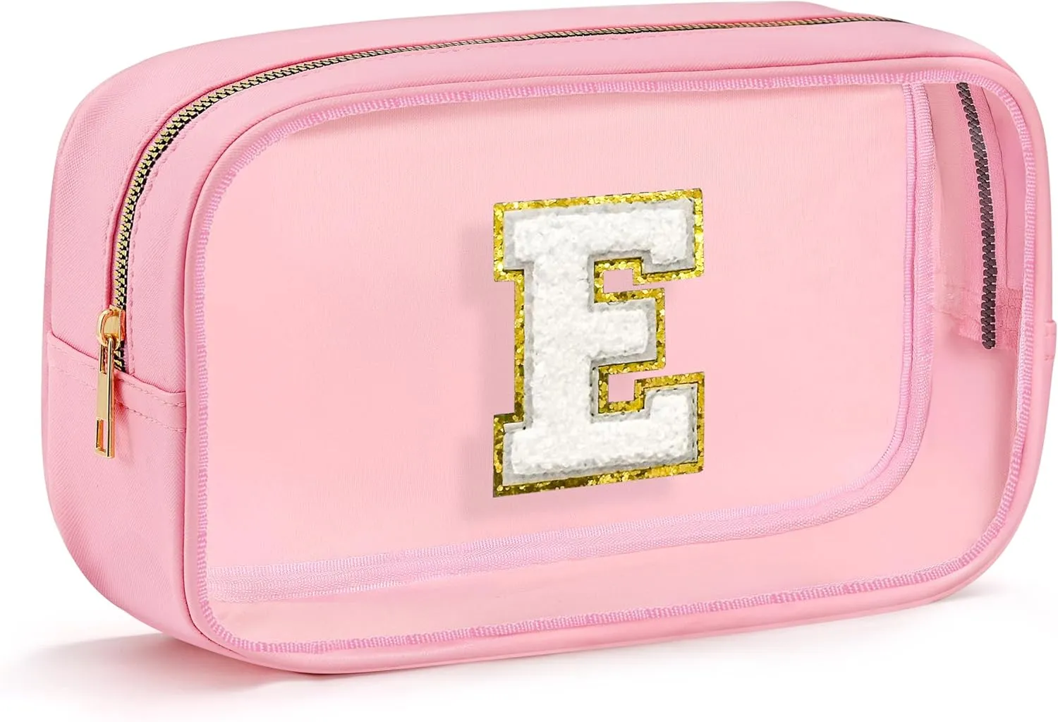 Initial Clear Makeup Bag - Travel Toiletry Bag for Women, Waterproof Makeup Pouch Cosmetic Bag Small Makeup Bag for Purse, Birthday Gifts for Women (Pink Letter E)
