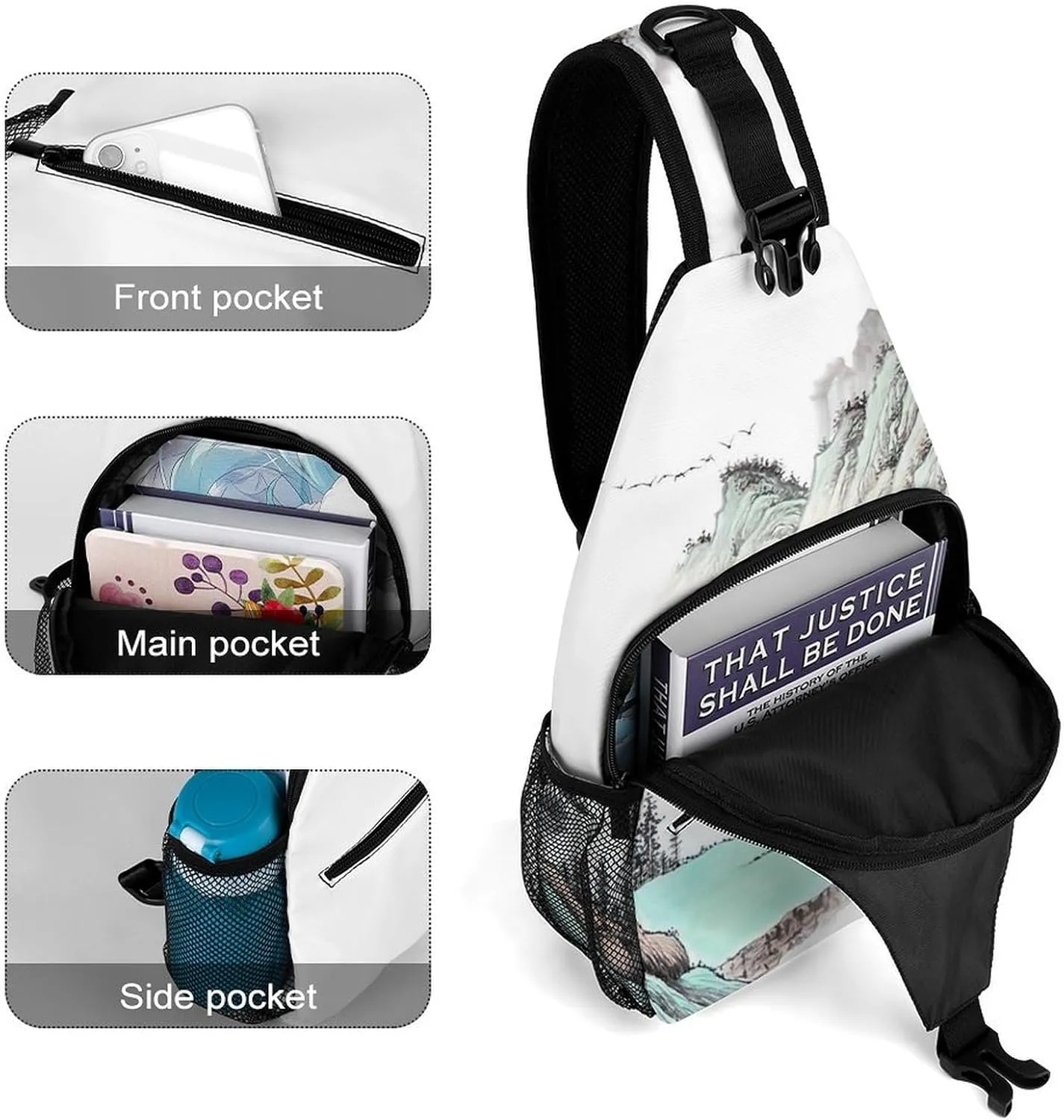 Ink-painting-landscape Crossbody Sling Backpack, Shoulder Bag Chest Bag for Travel Sport Running