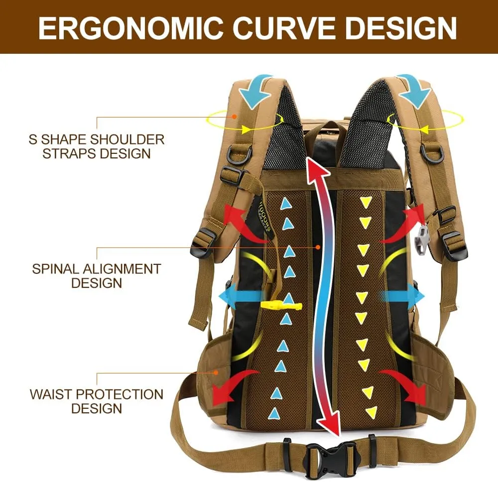 INOXTO 40L Hiking Backpack with Waterproof Rain Cover, Khaki, Unisex
