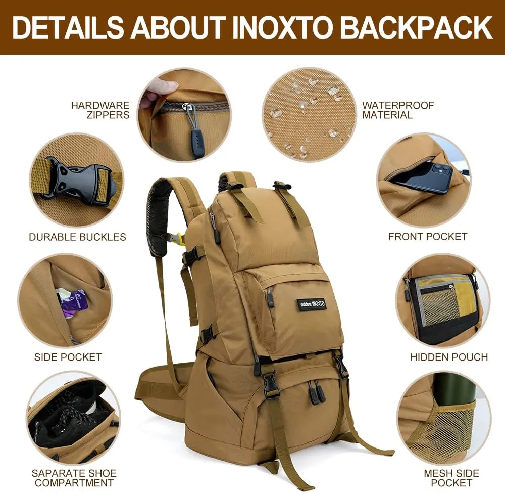 INOXTO 40L Hiking Backpack with Waterproof Rain Cover, Khaki, Unisex