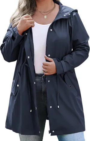 IN'VOLAND Plus Size Rain Jackets For Women Waterproof Rain Coats with Hood Lightweight Windbreaker Outdoor Trench Coat
