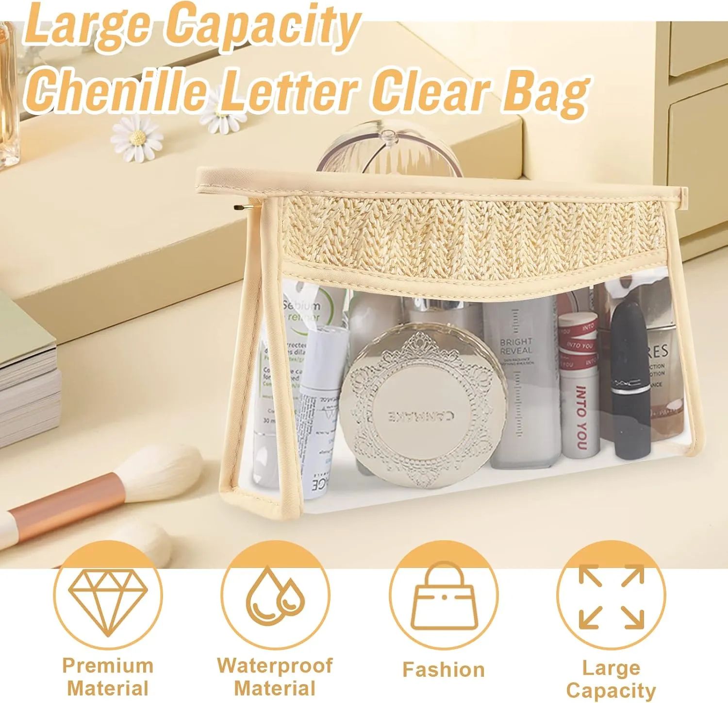 Iqimott 2Pcs Boho Patch Bag Clear Makeup Letter Bag, Waterproof Zipper Make up Bag Toiletry Pouch for Women Girls, Hollow Woven Clear Letter Patch Cosmetic Bag Transparent Organizer Pouch for Travel