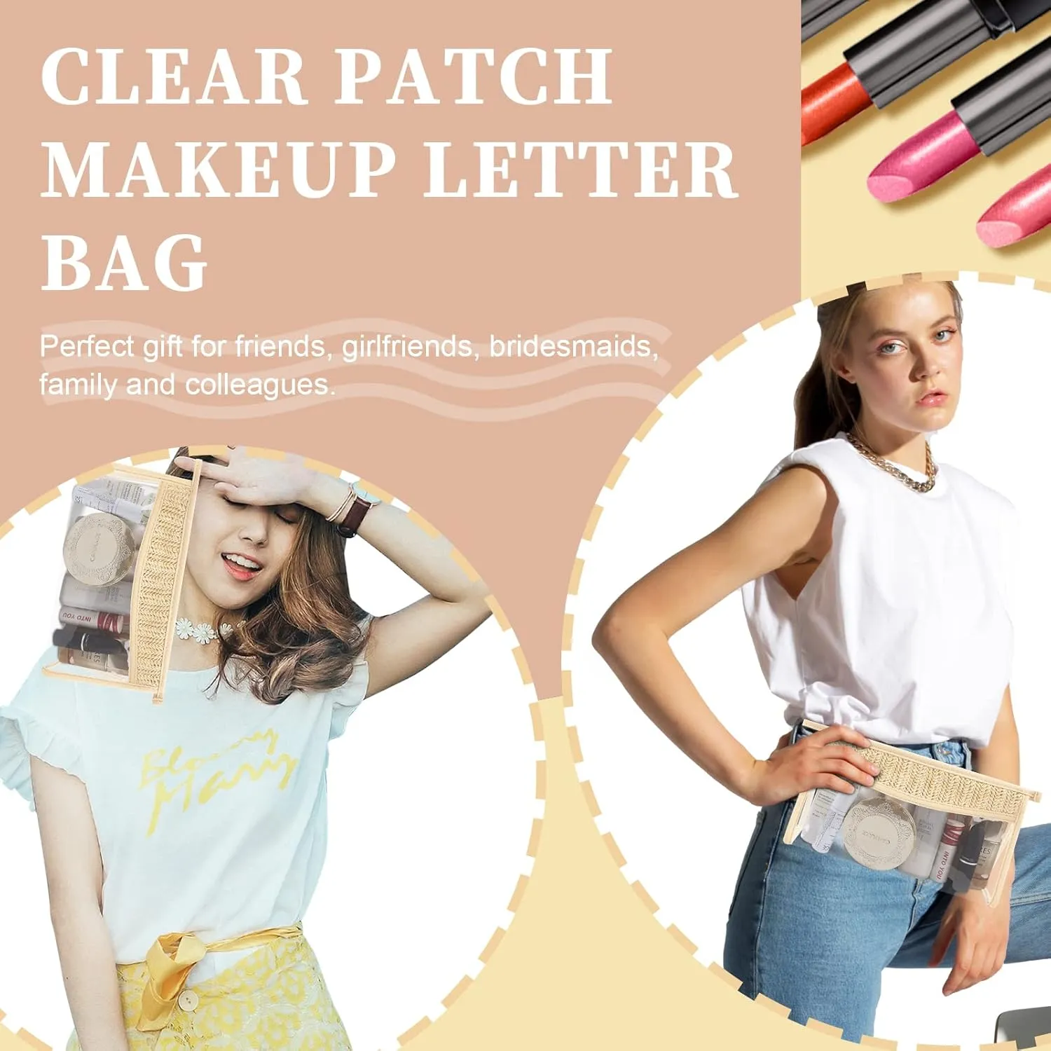 Iqimott 2Pcs Boho Patch Bag Clear Makeup Letter Bag, Waterproof Zipper Make up Bag Toiletry Pouch for Women Girls, Hollow Woven Clear Letter Patch Cosmetic Bag Transparent Organizer Pouch for Travel