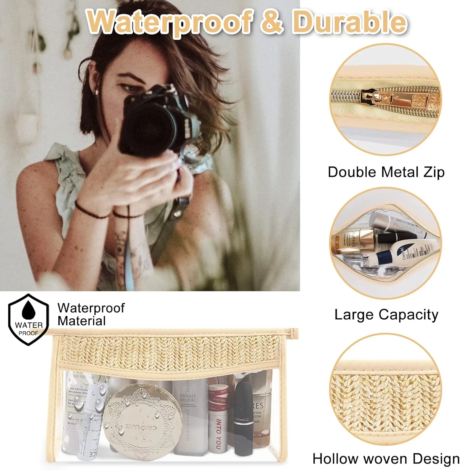 Iqimott 2Pcs Boho Patch Bag Clear Makeup Letter Bag, Waterproof Zipper Make up Bag Toiletry Pouch for Women Girls, Hollow Woven Clear Letter Patch Cosmetic Bag Transparent Organizer Pouch for Travel
