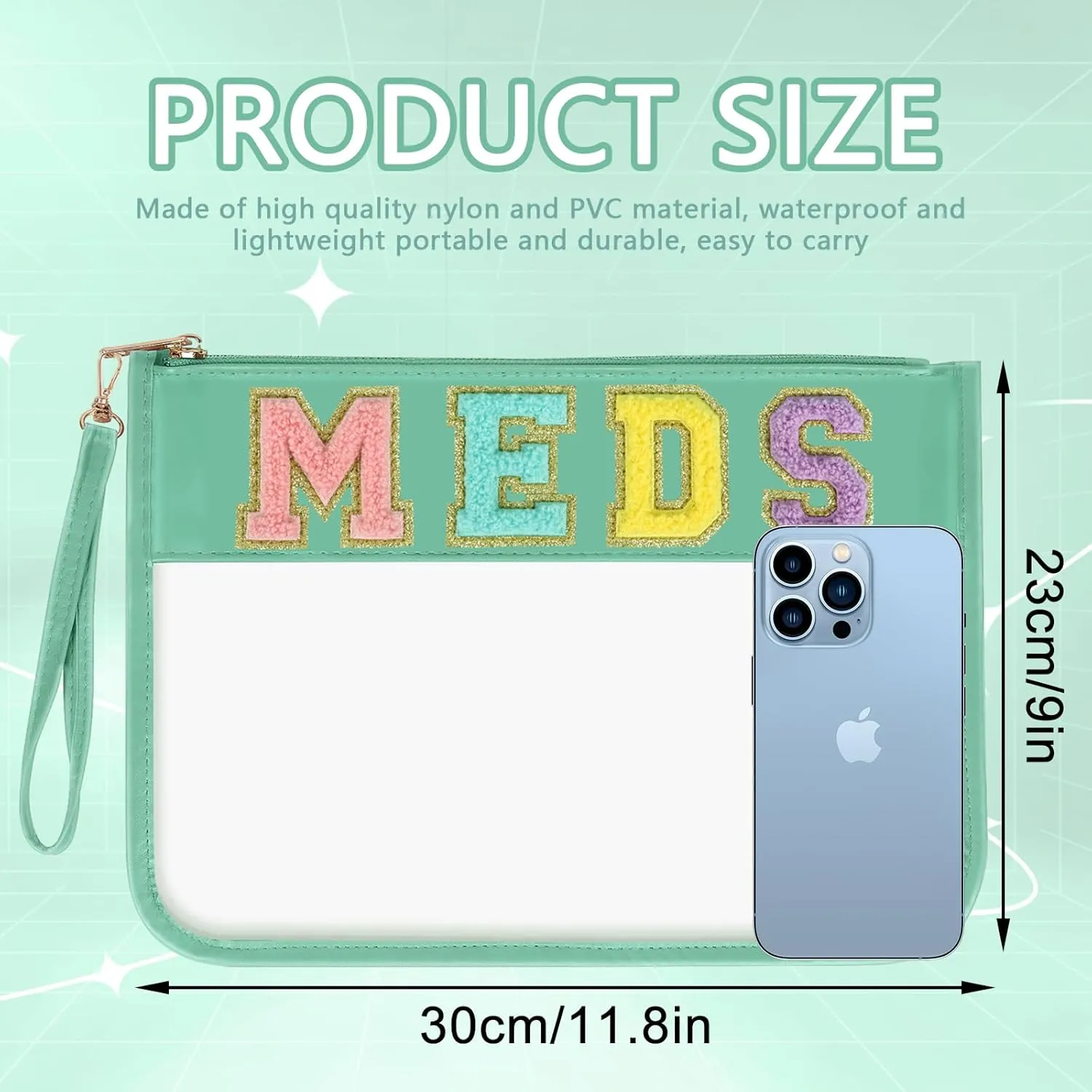 Iqimott Chenille Letter Patch Bag Clear MEDS Drugs Pouch, Preppy Portable Cosmetic Makeup Bag for Women Girls Travel, Waterproof Nylon Zipper Toiletry Medicine Storage Case Stadium Bag(Green, MEDS)