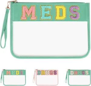Iqimott Chenille Letter Patch Bag Clear MEDS Drugs Pouch, Preppy Portable Cosmetic Makeup Bag for Women Girls Travel, Waterproof Nylon Zipper Toiletry Medicine Storage Case Stadium Bag(Green, MEDS)