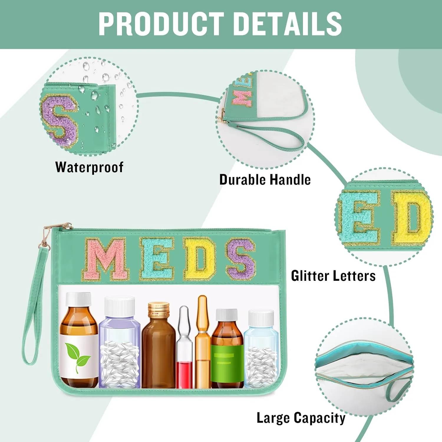 Iqimott Chenille Letter Patch Bag Clear MEDS Drugs Pouch, Preppy Portable Cosmetic Makeup Bag for Women Girls Travel, Waterproof Nylon Zipper Toiletry Medicine Storage Case Stadium Bag(Green, MEDS)