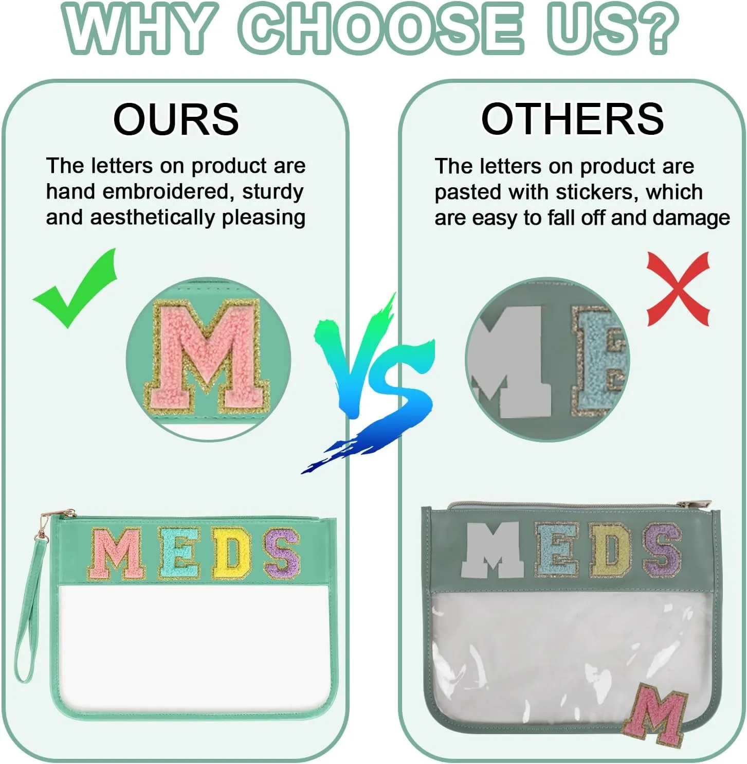 Iqimott Chenille Letter Patch Bag Clear MEDS Drugs Pouch, Preppy Portable Cosmetic Makeup Bag for Women Girls Travel, Waterproof Nylon Zipper Toiletry Medicine Storage Case Stadium Bag(Green, MEDS)