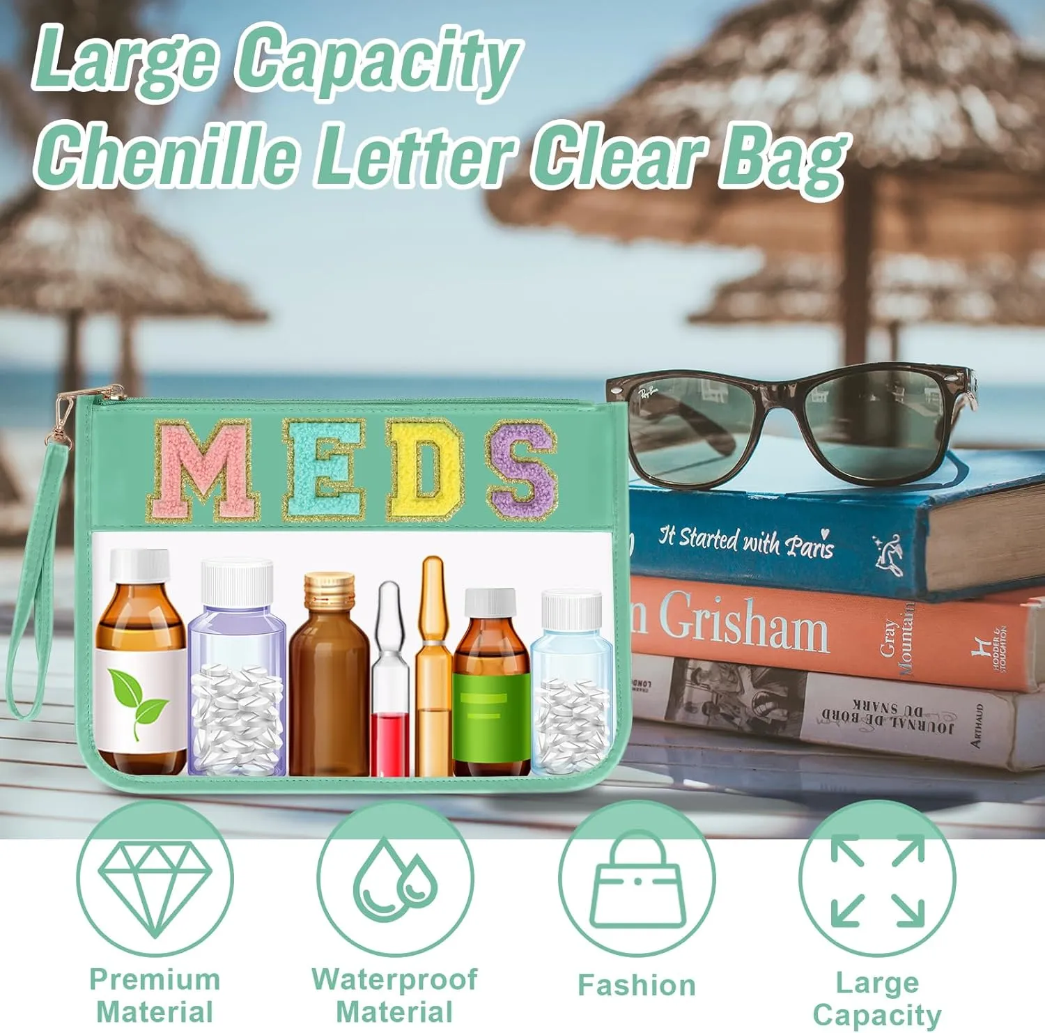 Iqimott Chenille Letter Patch Bag Clear MEDS Drugs Pouch, Preppy Portable Cosmetic Makeup Bag for Women Girls Travel, Waterproof Nylon Zipper Toiletry Medicine Storage Case Stadium Bag(Green, MEDS)