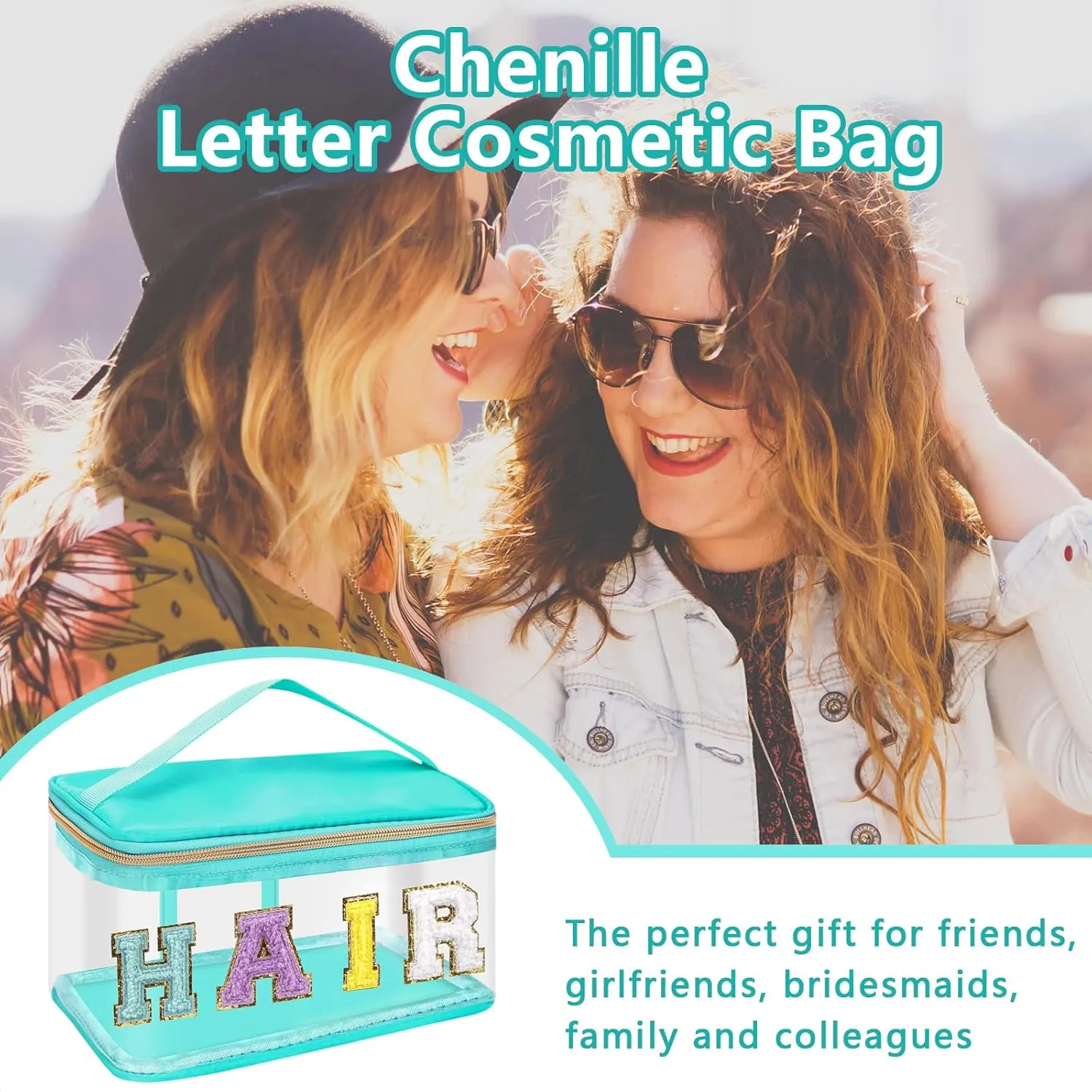 Iqimott Preppy Clear Makeup Cosmetic Bag for Women Travel, Nylon PVC Chenille Glitter Letter Toiletry Storage Tote Bag, Transparent Waterproof Organizer Zipper Pouch with Handle(Hair, Green)