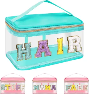 Iqimott Preppy Clear Makeup Cosmetic Bag for Women Travel, Nylon PVC Chenille Glitter Letter Toiletry Storage Tote Bag, Transparent Waterproof Organizer Zipper Pouch with Handle(Hair, Green)