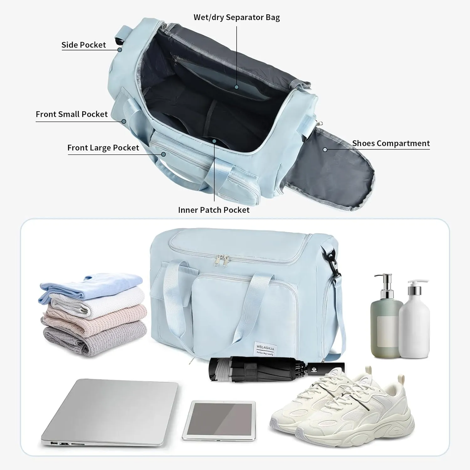 IwIeIaIrI Fitness Workout Gym Duffle Bag for Women with Shoes Compartment Waterproof Tote Bag and Weekend Bag for Girls Travel Duffle Bag with Dry and Wet Separation for Sports Activity Yoga Camping