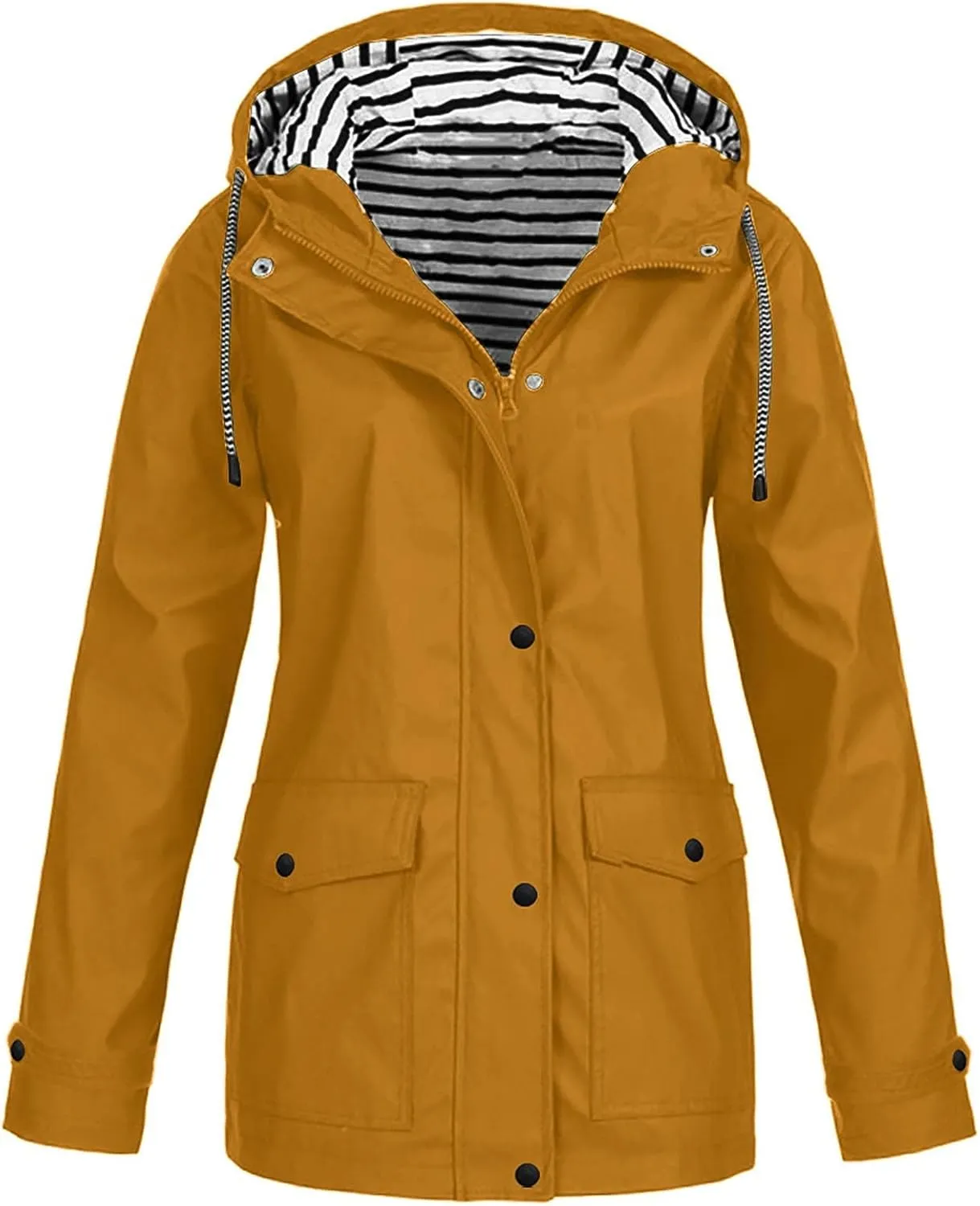 Jackets for Women Solid Zip Up Rain Jacket Button Hooded Raincoat Windproof Travel Outdoor Windbreaker with Pockets