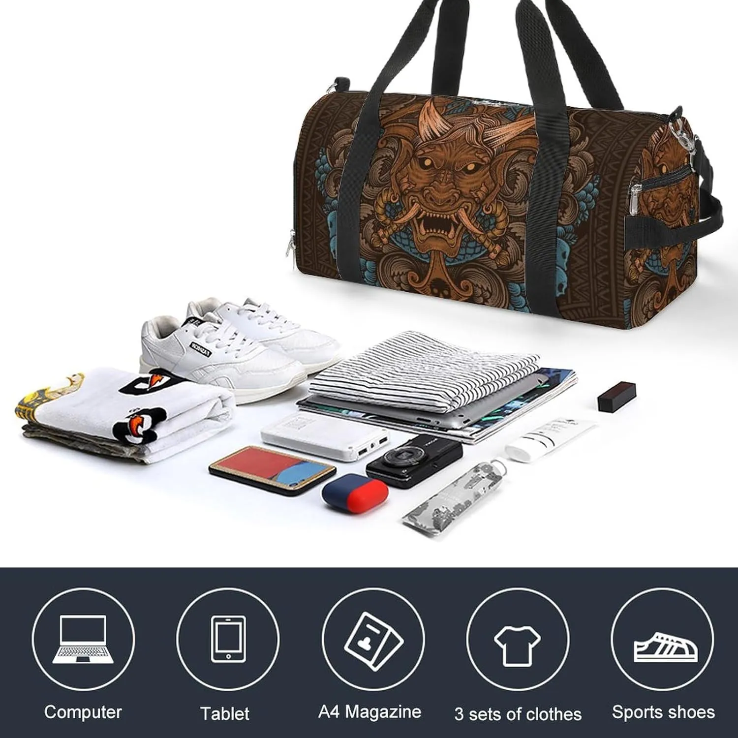 Japanese Print Sports Tote Gym Bag for Women Men, Overnight Bag with Shoe Compartment Water Resistant