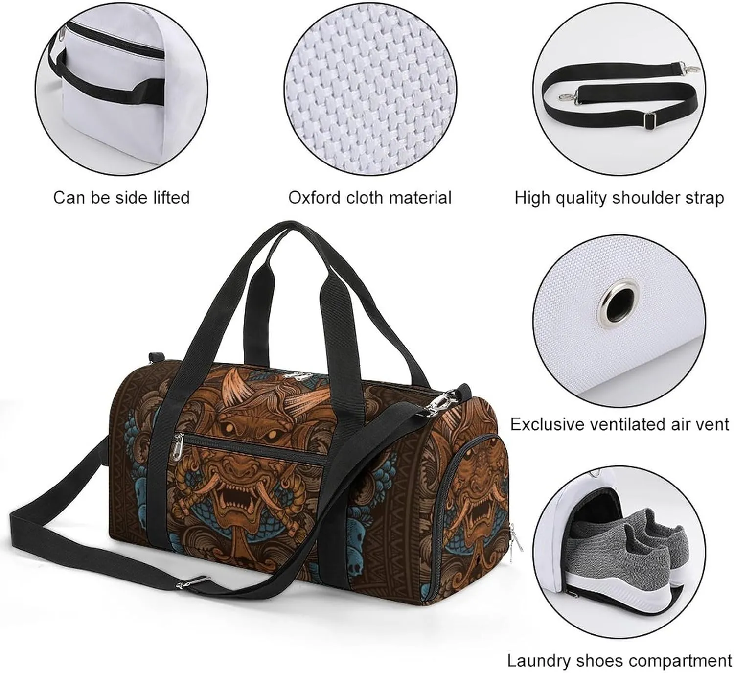 Japanese Print Sports Tote Gym Bag for Women Men, Overnight Bag with Shoe Compartment Water Resistant
