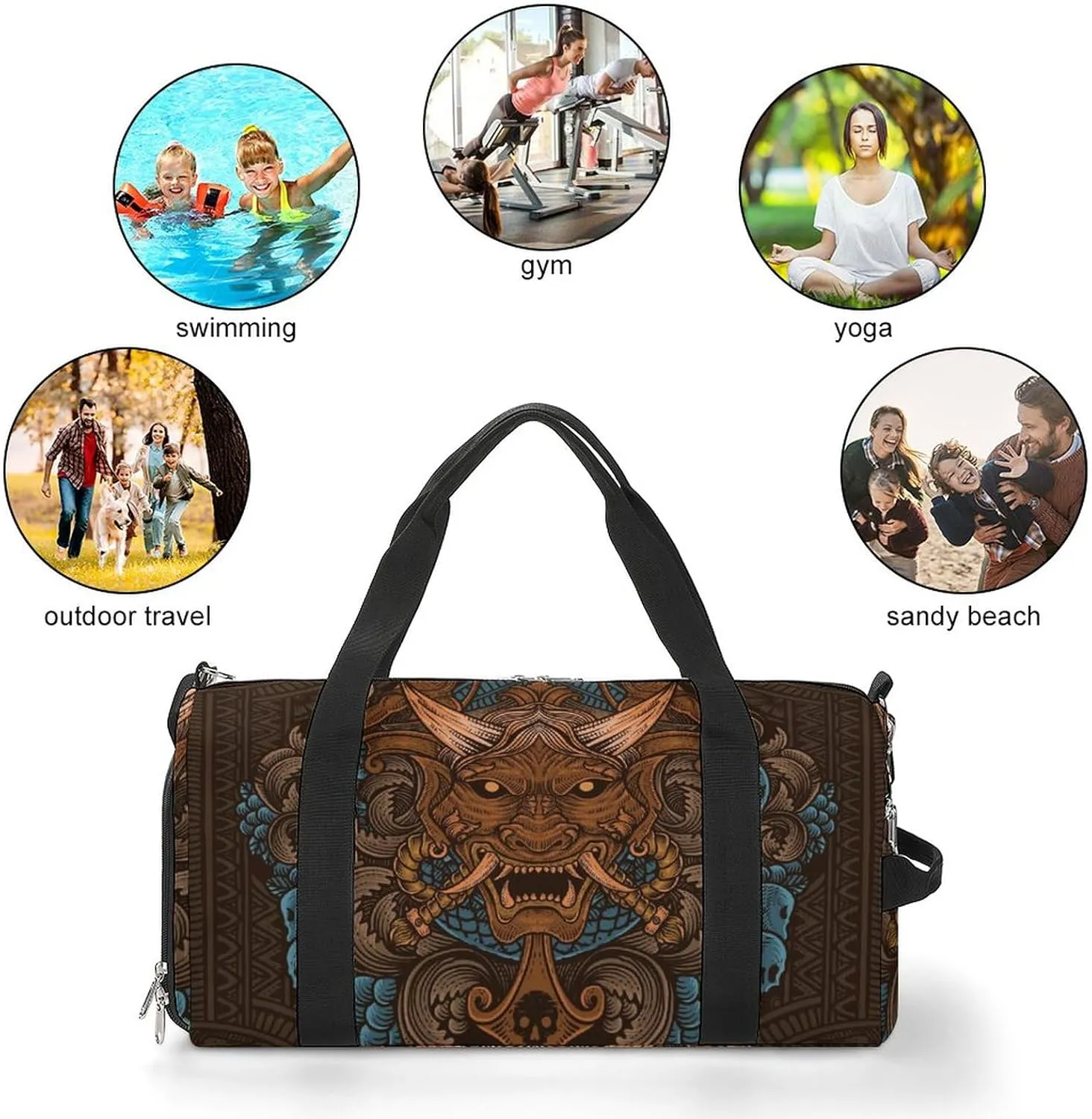 Japanese Print Sports Tote Gym Bag for Women Men, Overnight Bag with Shoe Compartment Water Resistant