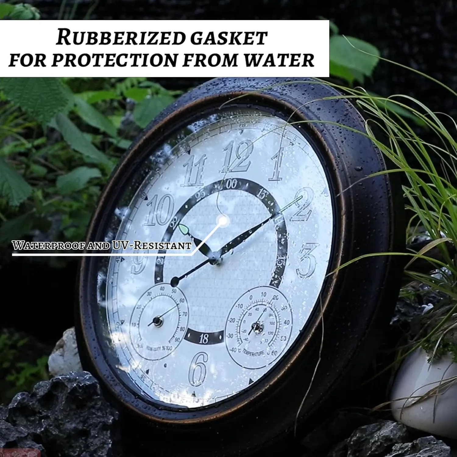 JoFomp 18 Inch Illuminated Outdoor Clock Waterproof, Metal Large Wall Clock with Temperature & Humidity, Lighted Clock with Smart Sensor, Outdoor Wall Clocks Battery Operated, Outside Clock for Patio